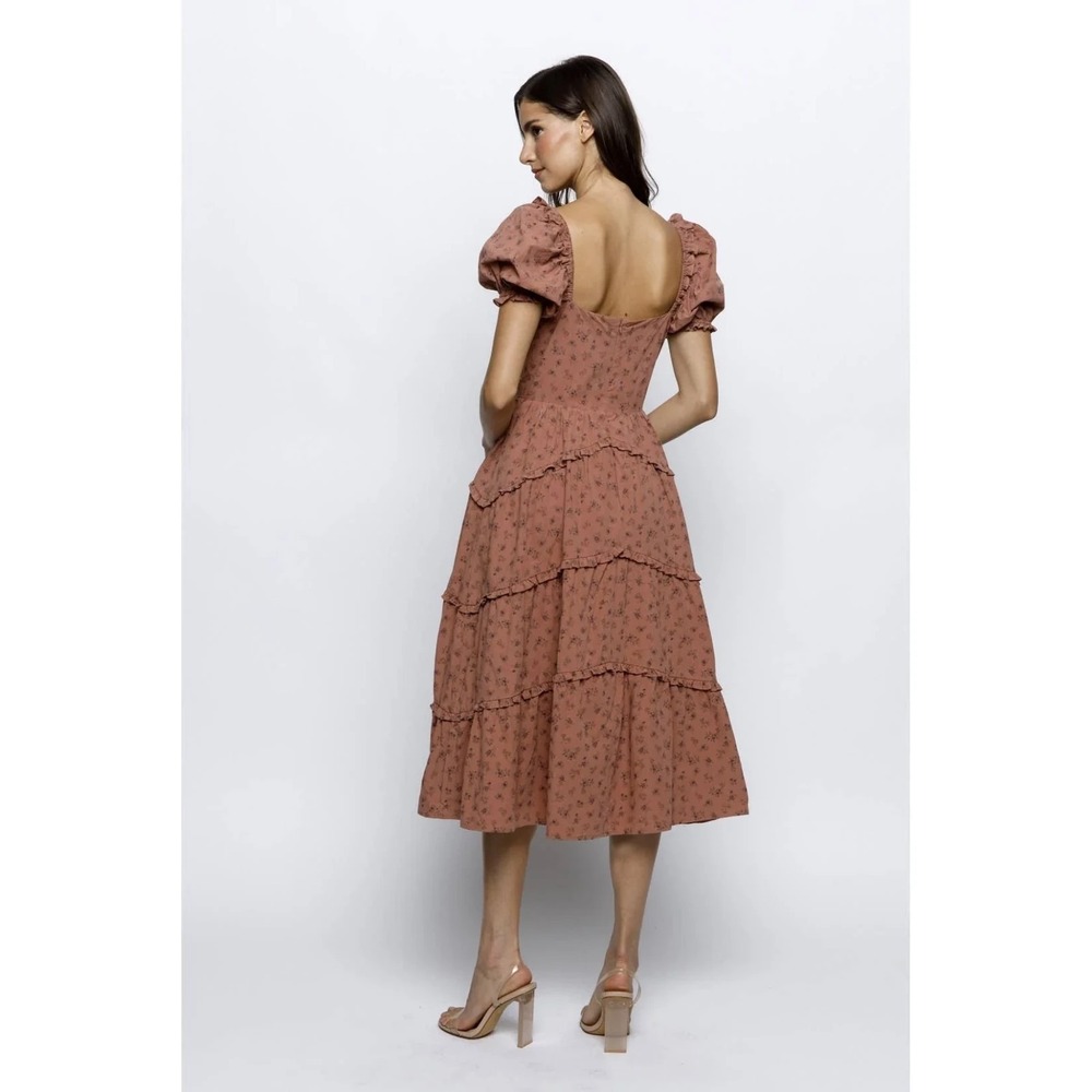 NEW Storia Floral Brown Ruffle Midi Dress Women Sz M 100% Cotton Cottagecore - Picture 4 of 15